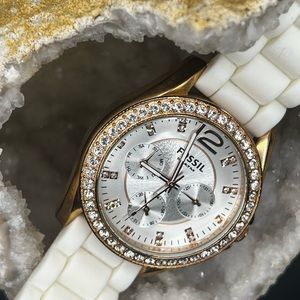 FOSSIL ES 2810 White Silicone Band Rose Gold W/Swarovski stones